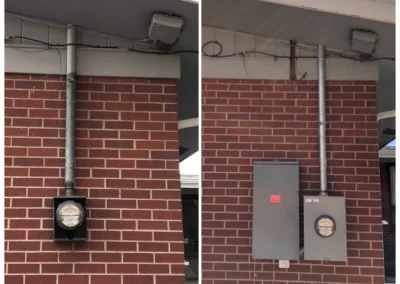 Two pictures of a brick wall with a clock on it.