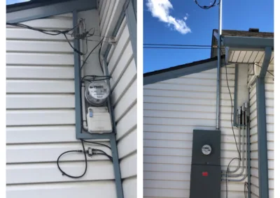 Two pictures of a house with electrical wires on it.